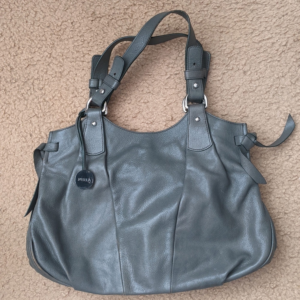 Furla shoulder bag genuine leather in dark green gray olive